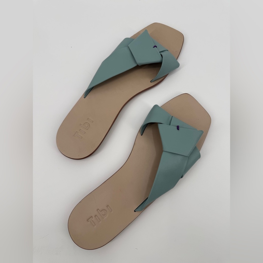 Tibi Calf Skin Leather Light Blue Teal Flat Sandals